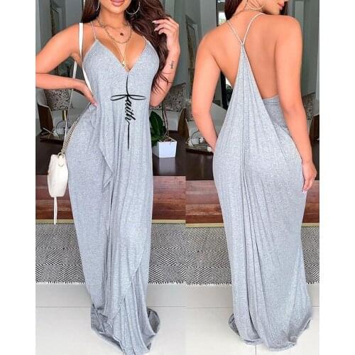 Summer Spaghetti Strap Dress Women V Neck Backless Ladies Dresses Ruffles Floor Length Loose Knit Summer Sexy Dresses for Women