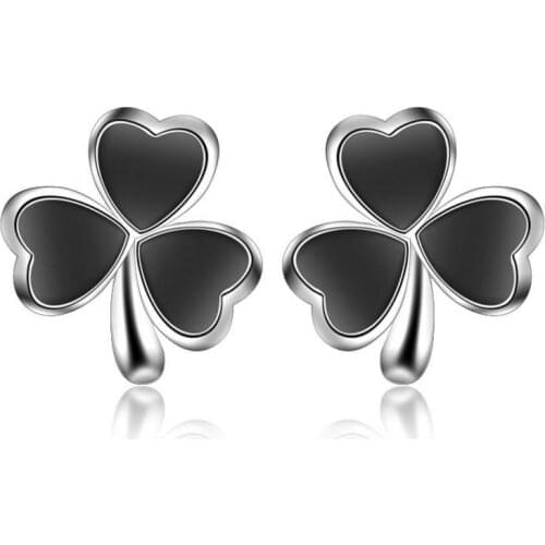 Fashion Lady Silver Plated Earrings For Women Party Accessories Vintage Glaze Black Clover Stud Earrings Girls Jewelry