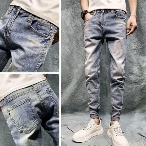 New 2021 Denim jeans mens spring autumn light color Korean slim feet young people casual teenagers long pencil pants for men