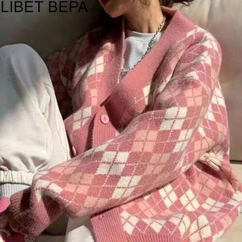 New 2021 Womens Autumn Winter Sweaters Buttons Cardigans Vintage Checkered Fashionable Oversized Elegant Lady Tops SWC1508JX