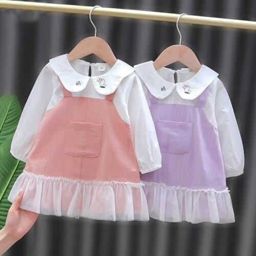 New Lace Stitching Long-sleeve Doll Collar Print Cute Baby Girl Dress Spring Autumn Baby Clothes Fake Two-piece Princess Dress