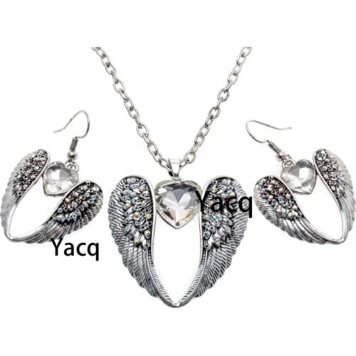 YACQ Guardian Angel Wing Heart Necklace Earrings Sets Antique Silver Color Women Girls Crystal Jewelry Gifts Dropshipping ENC06