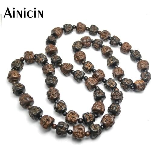 45 Inches Fashion Wood Carved 20mm 4 faces Buddha Head Beads Necklace Buddhism Jewelry For men and women
