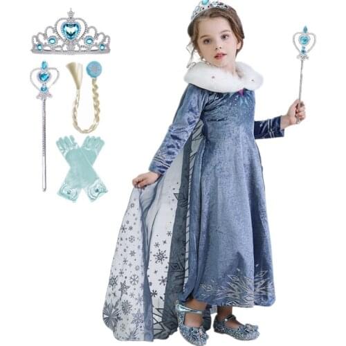 Elsa Princess Cosplay Dress Up For Girls Halloween Carnival Party Costume For Children Long Sleeve Anke-Length Cloak Tulle Cloth