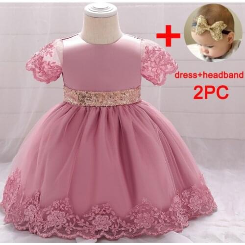 2020 2PC Free Headband Baby Girl Dress Baptism Dress For Girl Clothes Infant Clothing Sequin Princess First Birthdays Dresses