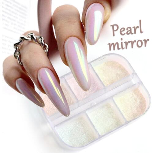 6 Grids Chrome Nail Powder Pearl Shell Holographic Nail Glitter Mirror Aurora Bubble Dipping Dust Nail Art Decoration NF1909-12