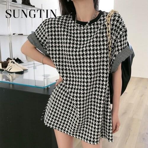 Sungtin Vintage Oversized T Shirts Women Houndstooth Short Tops Female Loose Elegant O Neck Korean Shirts Spring Summer Fashion