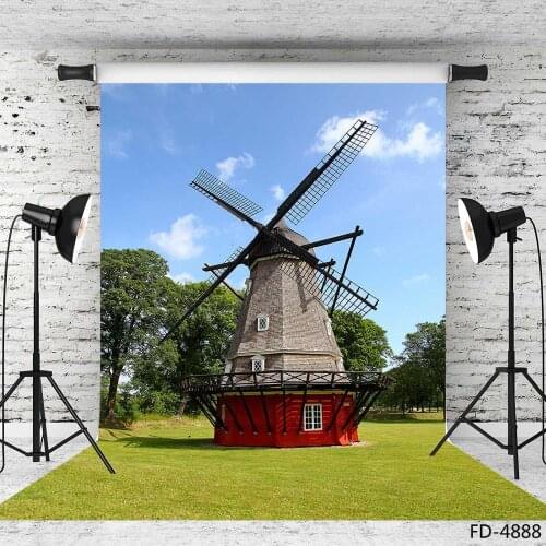 Spring Grassland Scenic Windmill Grass Tree Scenery Backgrounds Children Young Portrait Photography Backdrops For Photo Studio