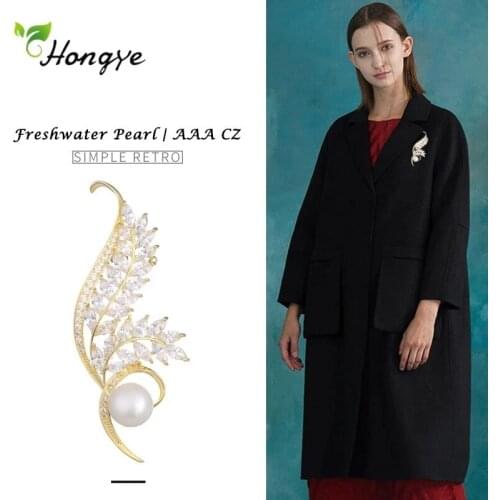 Hongye Real 18K Gold Flower Brooches For Women Natural Freshwater Pearl AAA CZ Vintage Pin Fine Jewelry Sweater Coat 2020 Gift
