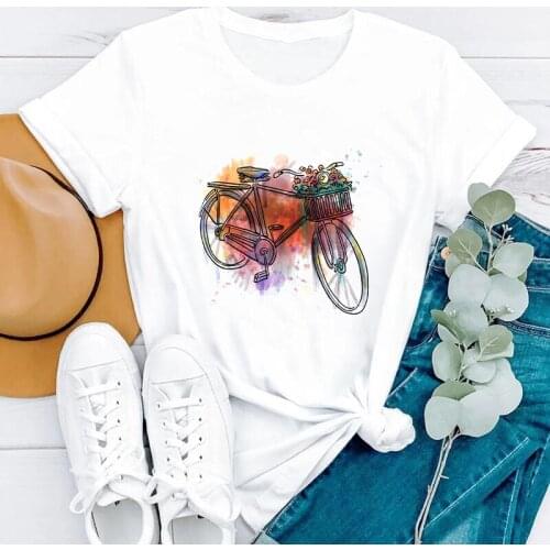 Women Female Bike Cartoon Elegant Printing 2021 Summer Tee Shirt Clothes Lady Tshirt Tees Womens Tops Print T Graphic T-shirt