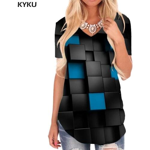 KYKU Dark Blue T Shirt Women Circle Funny T shirts Harajuku T-shirts 3d Psychedelic V-neck Tshirt Womens Clothing Summer Loose