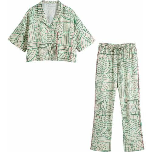 Summer Womens Casual Print Lapel Short Sleeve Pocket Decorative Short Shirt + High Waist Pants Set