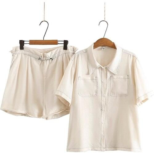 White Black Loose 2 Piece Sets Fashion Suit Womens Summer OL Chiffon Turn Down Tops Blouse Wide Leg Shorts Skirts Plus Size