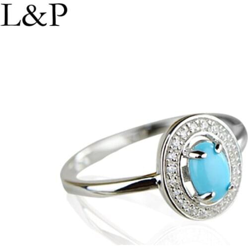 L&P Fashion Turquoise Stone Ring For Lady Genuine 925 Sterling Silver Inlay AAA Zircon Wedding Fine Jewelry For Women Gifts