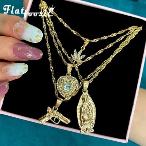Flatfoosie New Multilayer Portrait Pistol Pendant Necklaces For Women Punk Heart Leaf Crystal Choker Necklace Jewelry Party Gift