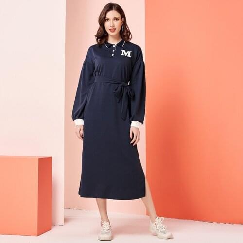 New Spring Summer Womens Dress Nice Fashion College Style Loose Polo Letter Stitching Sweater Hem Slit Casual Robe Dresses