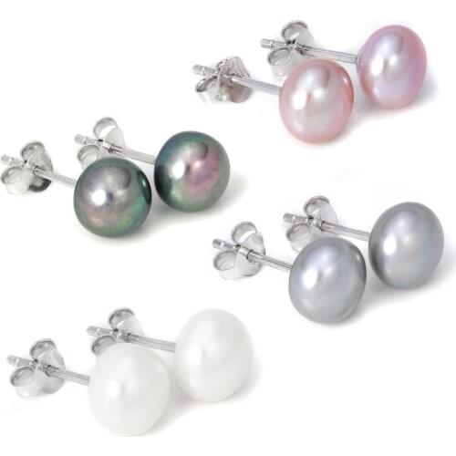 Wholesale new Sterling Silver &7- 8mm Freshwater Pearl Earrings Black Natural Grey Purple white pink 1PCS