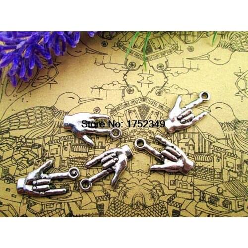 100pcs- Antique Tibetan Hand Sign Charms Pendants , I Love You 2 Sided Charm Jewelry Making 21x12mm