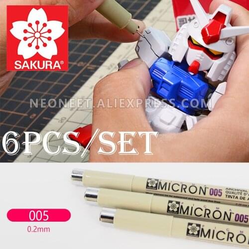 6X Sakura Pigma Micron 005 Black Pigment Ink 0.2mm Gundam Fine Line Pen Gundam Military Model Use Drawing Hook Coloring Tool