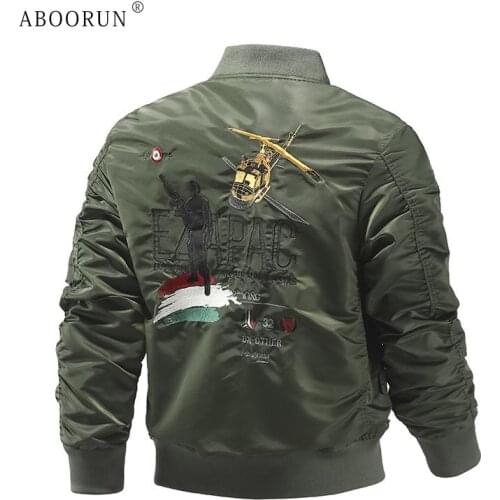 ABOORUN 2021 Mens Fashion Bomber Jackets Air Force Pilot Embroidery Airplane Combat Coat for Male