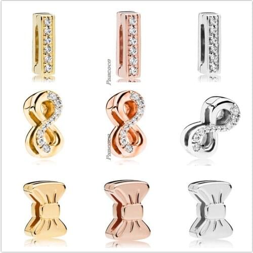 Authentic 925 Sterling Silver Rose Gold Reflexions Timeless Sparkle Clip Charm Fit Pandora Women Bracelet & Necklace Jewelry
