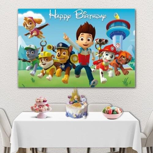 Running Dogs Blue Sky Cartoon Backdrop Photography Ryde Family Patrol Kid Birthday Party Photo Background For Table Decor Vinyl