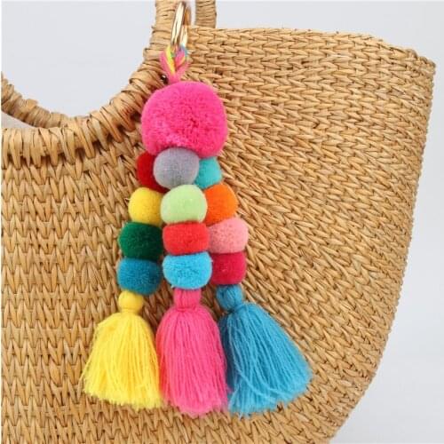 Big plush ball with fringes key chain bohemia womens purse bag charm pompom tassel keychains jewelry diy handmade key ring P34