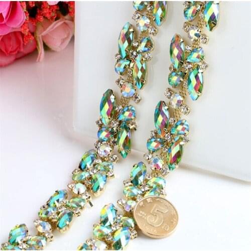 1Yd Gold Tone Resin AB Rhinestone Chain Wedding Costume Trims Craft RT0047