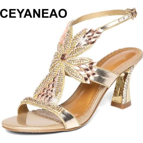 CEYANEAO Womens Summer Flat Rhinestone Sandals Leather Flowers Purple Gold Purple Ladies Sandals Flat Shoes Women DamesSchoenen