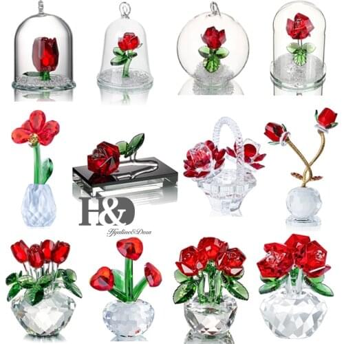 H&D Crystal Red Rose Figurines Bouquet Flowers Collectible Art Glass Craft Home Wedding Decor Ornament Christmas Gift Souvenir