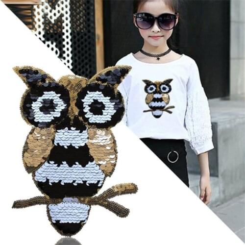 T shirt Women animal patch sequins 22cm owl birds deal with it biker patches for clothing stickers 3d t shirt mens free shipping