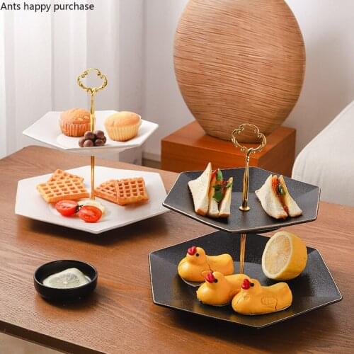 Ceramic Cake Stand Two Layers Hexagon Display Stand Dessert Cake Pan Fruit Plate Snack Candy Tray Decorative Frame Dessert Stand
