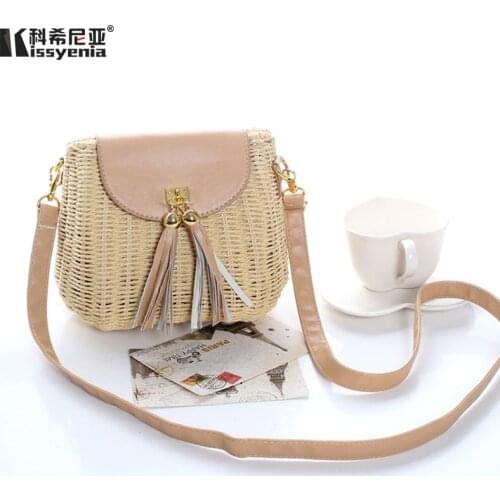 Kissyenia Women Summer Straw Shoulder Bags INS Hot Handmade Tassel Rattan Handbags for Women 2021 Stylish Wicker Beach Bag