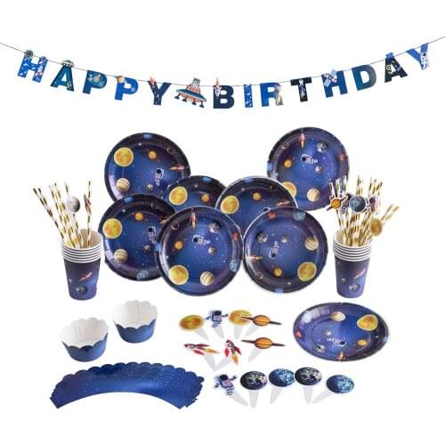 Outer Space Party Paper Supplies Astronaut Rocket Ship System Theme Party Plate Cup Boy Kids Birthday Party Decoration Favors