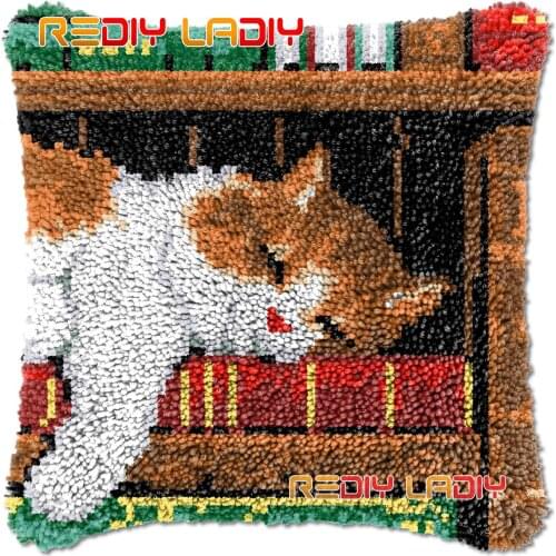 Latch Hook Cushion Sleeping Cat DIY Needlepoint Kits Chunky Acrylic Yarn Arts Crocheting Lofty Pillow Case Hobby & Crafts