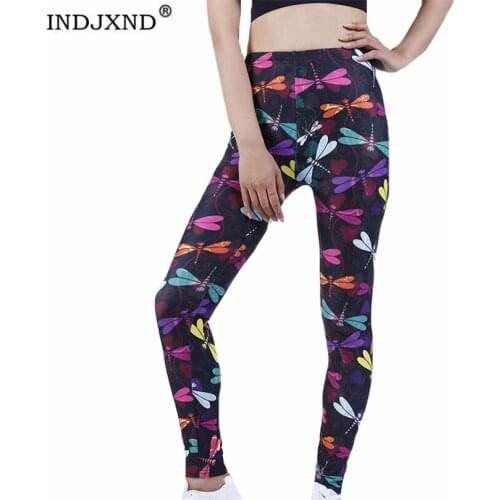 INDJXND High Waist Leggings Push Up Sport Women Fitness Running Yoga Pants Elastic Trousers Gym Girl Tights Dragonfly Bottom