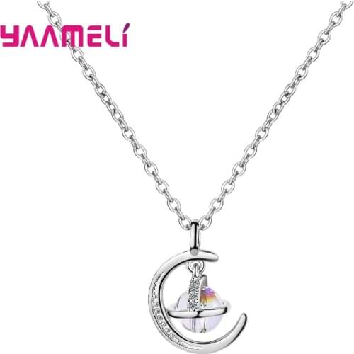 Moonstone Planet Necklaces Cubic Zircon Moon Star Pendant Jewelry For Women Girls 925 Sterling Silver Choker Colars Gifts