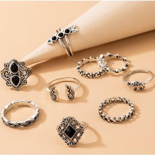 Fashion Retro Style Hollowed Heart Wings Elephant Rings 9 Pcs/set for Women Charm Jewelry Accessories