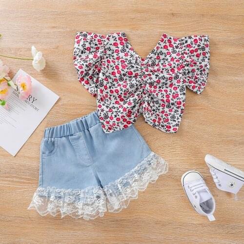 2 Pieces Fashion 2021 Kids Girls Suit Set Flower Print V-Neck Short Sleeve Tops+Lace Trim Denim Shorts for Girls Summer Clothes