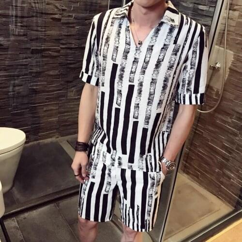 Men Stripe Set Irregular Striped Shirt+Shorts Set Male shorts and shirt set Mens Short