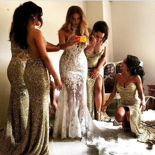 Gold Sequined Mermaid Sparkly Bling Bridesmaid Dresses 2021 Backless Slit Plus Size vestidos de dama de honor Wedding Dress
