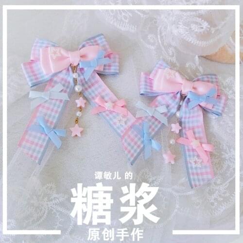 Sweet Powder blue plaid Bowknot Hair band Lolita lace Hair Clip Ribbon Hair accessories headwear Handwork Hair Ornaments