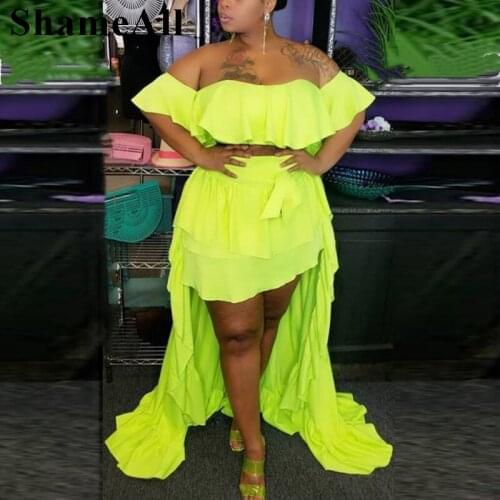 Plus Size Neon Green Irregular Long Maxi Dress 2 Two Pieces Sets 4XL Summer Slash Neck Cover Ups Ruffles Skirts Outfits Suits