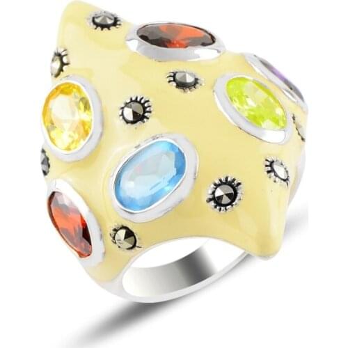 Silver 925 Sterling Marcasite, Zircon Stone & Enamel Ring
