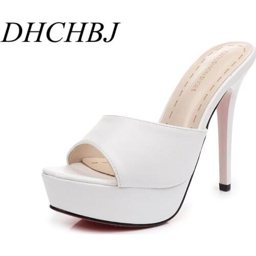 Woman Summer Open Toed Slippers Fashion Platform Mules Sexy Patent Leather 13cm Thin High Heel Sandals
