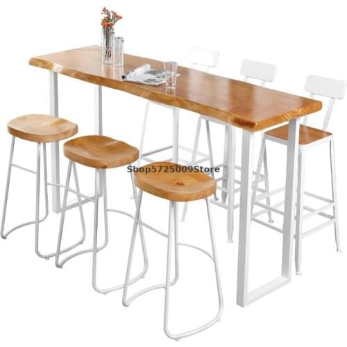 Nordic solid wood long table coffee shop bar counter against the wall high stools simple table wrought iron home indoor table an