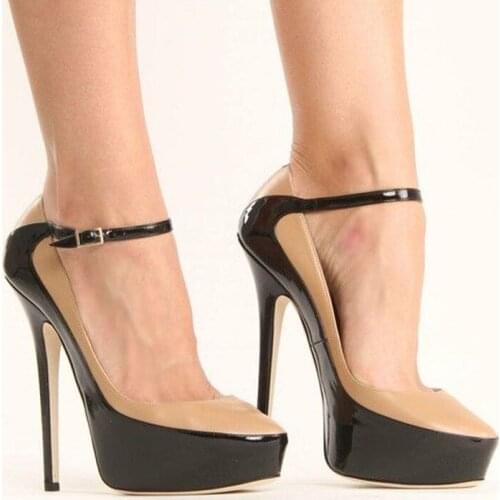 Sexy One Strap Black Patchwork Patent Leather Party Dress Shoes Women Platform Pointed Toe Sexy Stiletto Pumps Ladies High Heels