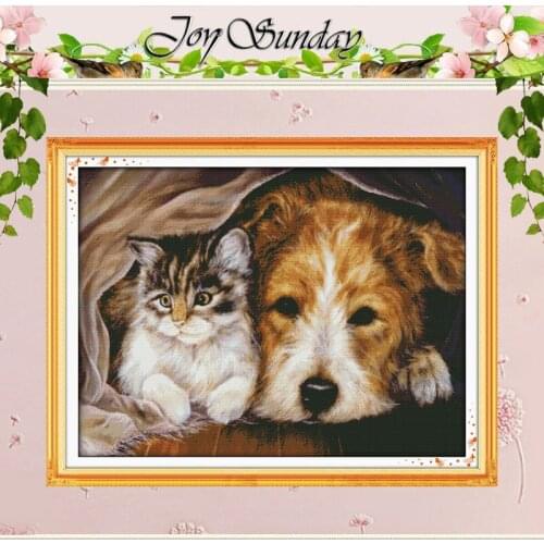 Dog and Cat Stay Together Pattern Counted Cross Stitch 11CT 14CT Cross Stitch Set Animal Cross-stitch Kits Embroidery Needlework