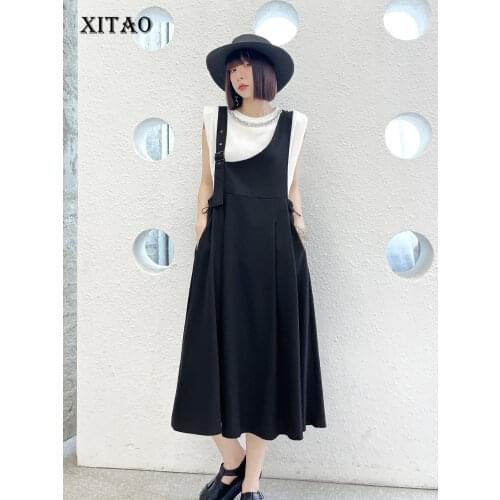 XITAO Strap Patchwork Drawstring Dress Asymmetry 2021 Summer New Personality Casual Simplicity All-match Black Dress WMD0986