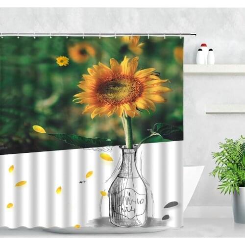 Waterproof Shower Curtains Flowers Butterfly Plant Creative Sunflower Printed Cloth Decor Hooks Bath Screen Bathroom Curtain Set